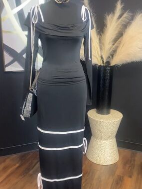 Black Maxi 2 Piece Skirt Set with White Trim and Tie Details